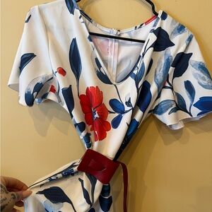 Floral Wrap Dress with Red and Blue Accents